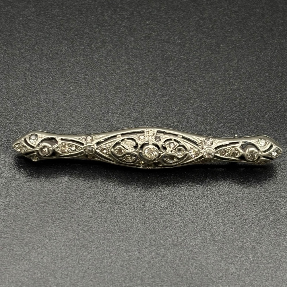 Antique Edwardian Bar Brooch Silver Clear Rhinestone Fishson Silverite READ